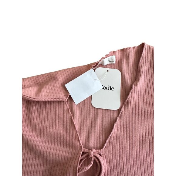 Elodie Pink Ribbed Long Sleeve Tie-Front Crop Cardigan Sweater Top Size S NWT - Picture 8 of 10